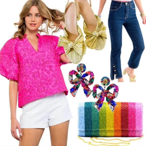 THML Pink Jacquard Allison Top Size XS NWOT Puff Sleeves - Picture 3 of 10